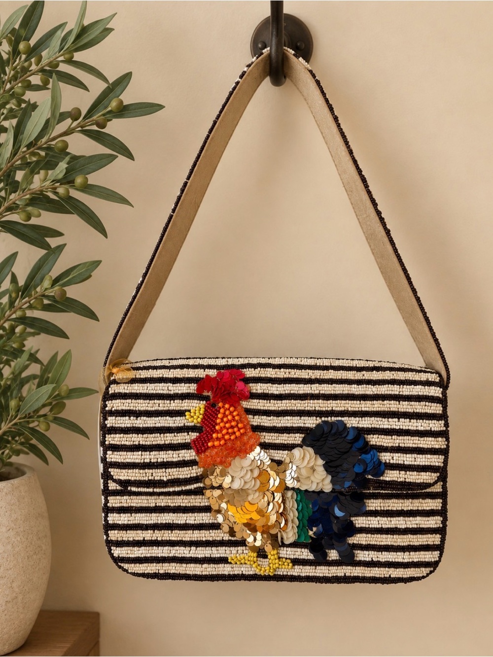 Beaded Rooster Shoulder Bag, Marshalls, Made in India brand - Navy & White